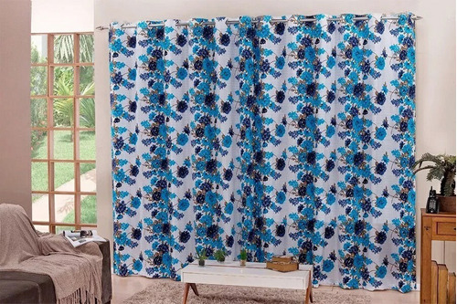 Cortinas Para Sala Ou Quarto 3m X 2,2m Estampada Flor Bela Janela Casa Linda - Usar Em Varão De 2 Metros Cor Azul