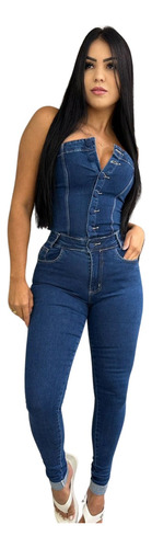 Macacão Pimenta Doce Jeans Feminino Longo Botões Original