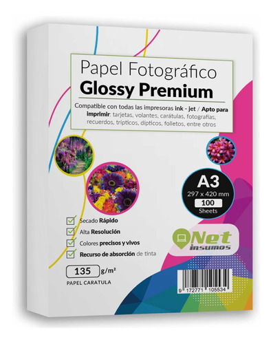 Papel Fotográfico Glossy A3 135gr Pack 100 Hojas