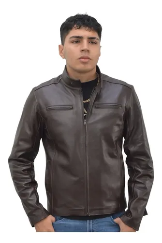 Chamarra De Piel Hombre Caf Tipo Biker Corte Slim