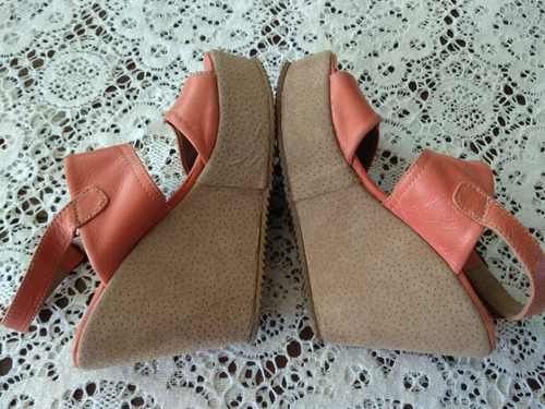 Sandalias Cuero Plataforma Taco Chino Y Pulsera Salmón