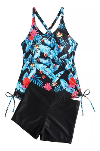 Traje De Baño Completo Dama Dos Piezas Bañador Tankini Mujer Negro Animal Print M