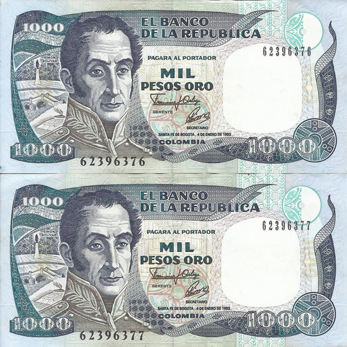 Colombia Dúo Números Consecutivos, 1000 Pesos 4 Enero 1993