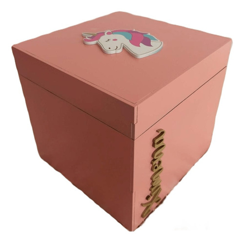 Caja De Mdf Cubo Con Tapa - Unicornio - Personalizable