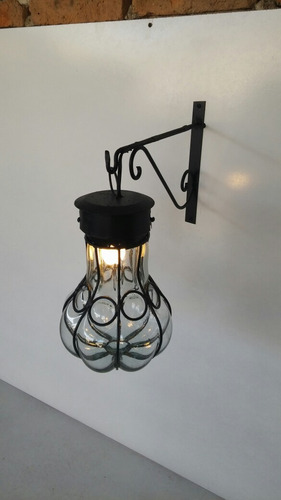 Lampara Farol De Pared O Muro De Herrería Y Vidrio Soplado