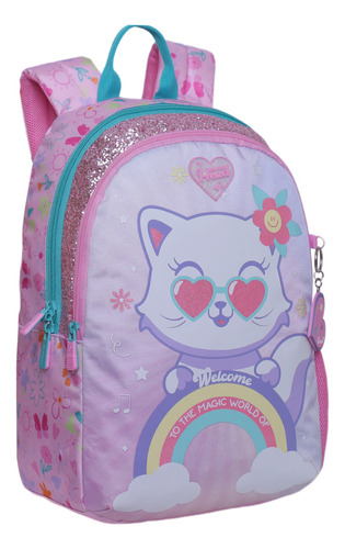 Mochila Escolar Bionica Cat Rainbow Rosado Head