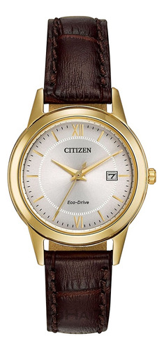 Reloj Citizen Fe108213a Para Mujer Triple Manecilla Acero Malla Marrón Oscuro Bisel Dorado Fondo Blanco