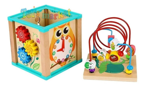 Imagen 2 de 6 de Cubo De Madera Didáctico Encastre Prono Abaco Reloj Cubeta