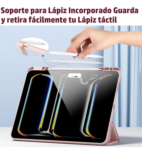 Funda para iPad Pro 13 Pulgadas M4 2024 A2926 con Ranura Lápiz Parte Trasera Transparente Rosa Claro