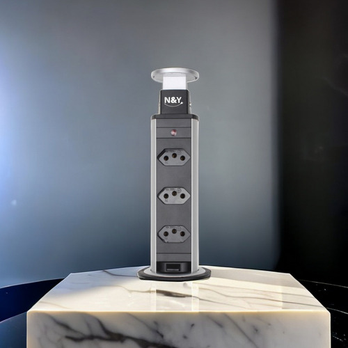 Torre 3 Tomadas Embutir Retrátil Mesa/cabeceira/sofá Bivolt Cor Cinza-escuro
