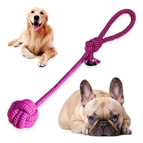 Brinquedo Puxador Pet Cães Mordedor Osso Bola De Corda Forte Cor Pink 37 Cm