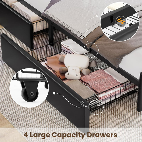 Base De Cama Matrimonial Viagdo C/ Cajones & Luz Led Negro