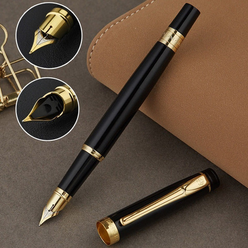 Pluma Fuente Hero Deluxe Black Laque Y Oro Punto Fino