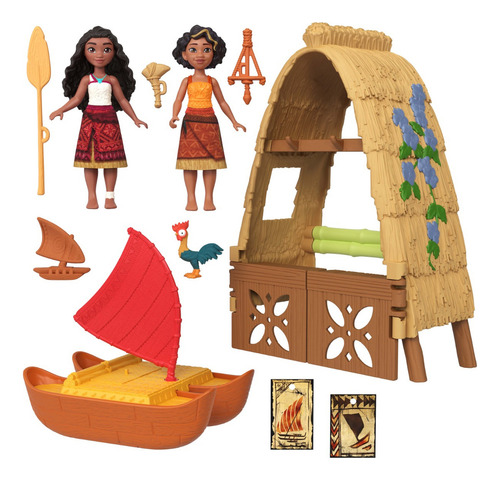 Mattel Disney Moana 2 Juguetes, Moana & Loto's Workshop Playset Con 2 Muñecas Pequeñas, Figura Heihei, Barco Flotante Y 5 Accesorios