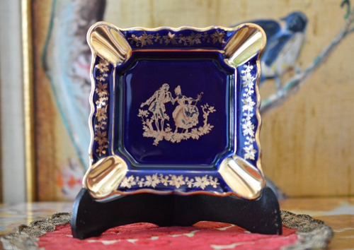 Cenicero Veritable Porcelaine D´art Limoges Azul Cobalto Oro