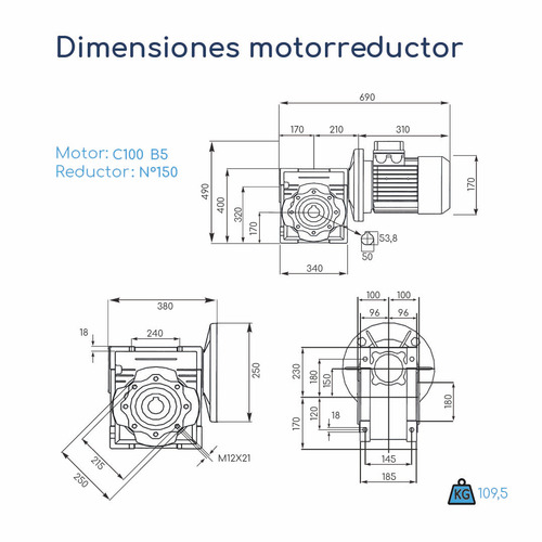 Motorreductor Trifásico 5,5hp Caja 150 1:50 30rpm 949,5n.m