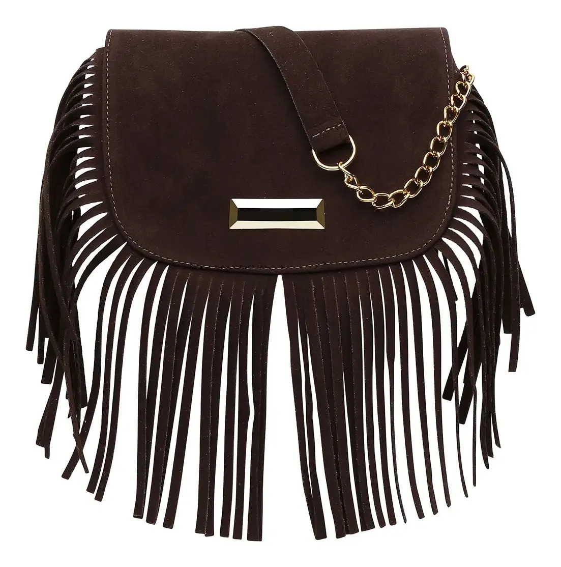 Bolsa Feminina Vicerinne Franja Detalhes Metal Moda Boho Acambamento dos ferragens Ouro Cor Café Correia de ombro Café