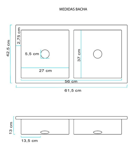 Imagen 2 de 6 de Bacha Cocina Doble Acero Inoxidable Pileta 56x37x13 Oferta
