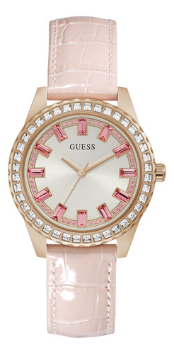 Guess Reloj De Cristal De Cuero Genuino, Rosa/tono Oro Rosa.