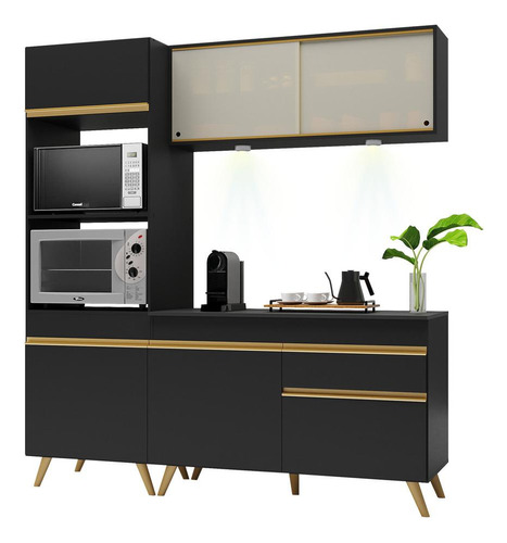 Armário Cozinha Compacta 182cm Veneza Up Multimóveis V2020 Cor Preto/Dourado