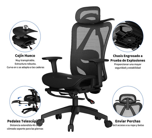 Silla De Escritorio Ergonómica Con Reposapiernas+percha Color Negro Material Del Tapizado Malla Transpirable