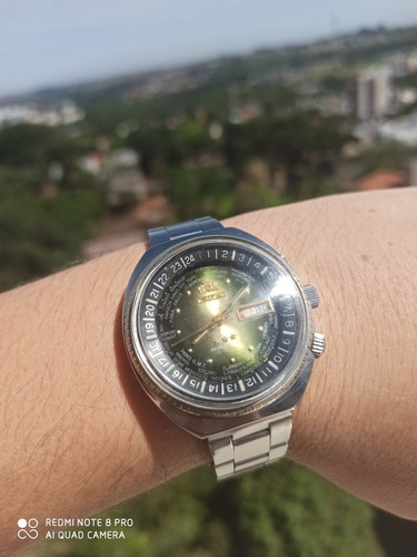 Vintage Orient 3 Chaves Horário Mundial Worlddiver Verde Rev