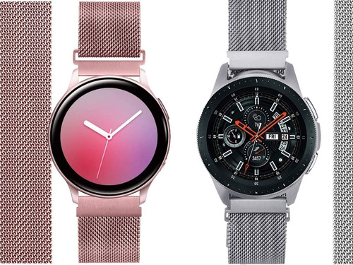 Kit 2 Pulseiras Aço Galaxy Watch 44 Amazfit Bip Gt 2 46mm Cor Prata - Pink Largura 20 Mm