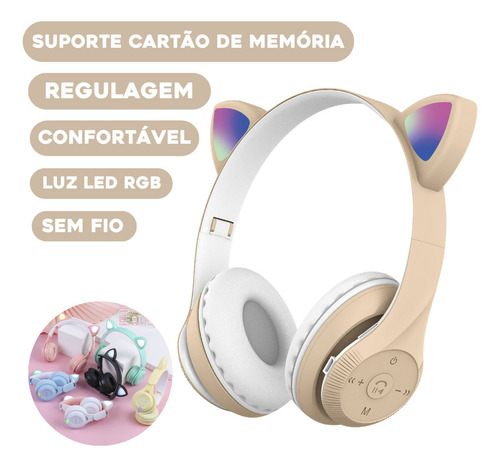 Fone De Ouvido Gatinho Bluetooth Infantil Led Menino Menina Eduimports Cor Bege