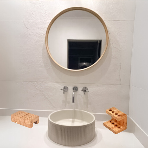 Set Espejo Marco De Madera Maciza + Accesorios Para Baño Marrón Claro