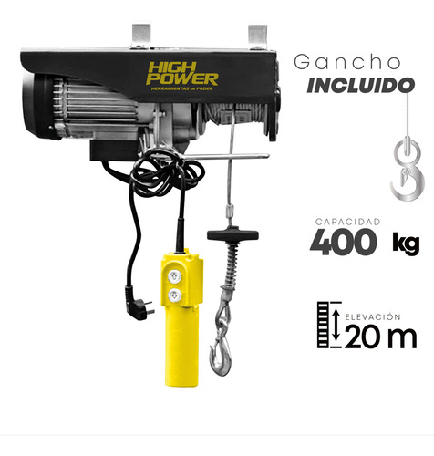 Polipasto Eléctrico High Power Carga 400 Kg 20 M 950 W 110v Cantidad de cuerdas 1 Color Plateado
