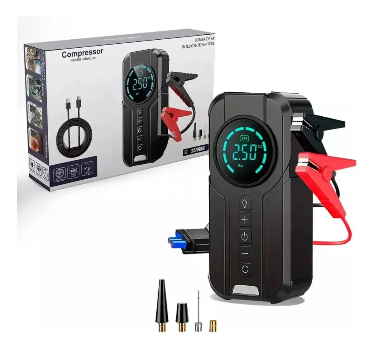 Mini Compressor de Ar Digital B&G Portátil para Carro, Moto e Bicicleta com Power Bank