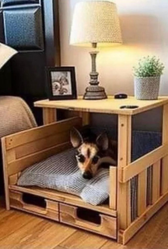 Cama Perro Chico Gato Buro Casita Madera Efecto Quemado