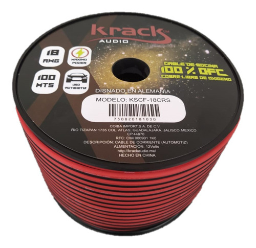 Rollo De Cable Para Bocina Cal. 18 Krack 100% Cobre 100 Mt