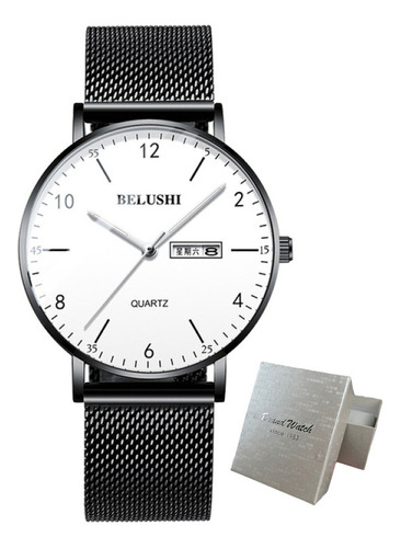 Reloj de pulsera Belushi 541 de cuerpo color sliver, analógico, para hombre, fondo blanco, con correa de acero inoxidable color, bisel color negro y hebilla de gancho