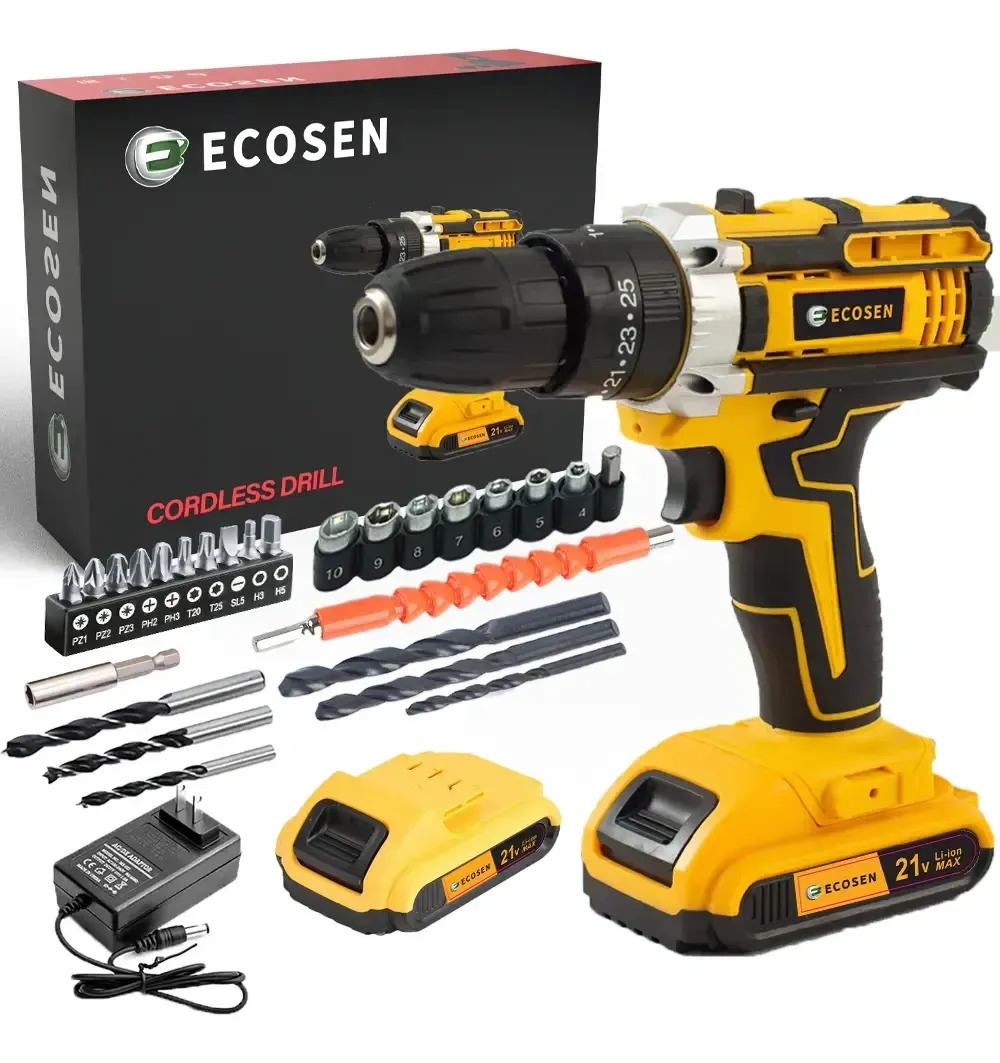 Ecosen Parafusadeira Furadeira Sem Fio 8Ah Bateria Duas Baterias Amarela 60hz