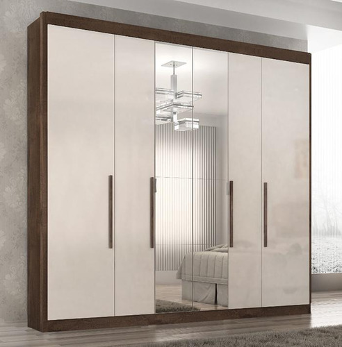Guarda Roupa Valencia Casal 6 Portas 6 Gav. Com Espelho Cor Chocolate/Off white
