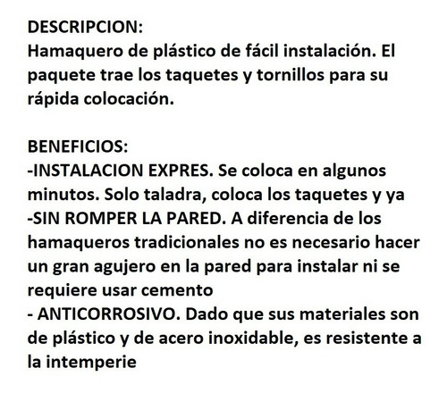 Imagen 5 de 10 de Hamaqueros Express-instalación Sin Romper Pared-para Hamacas