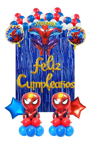 Set Decoración Globos Metálicos Feliz Cumpleaños Spiderman Color Azul