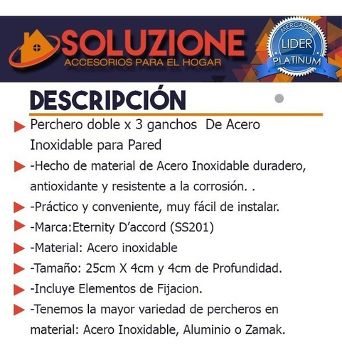Perchero Triple De Acero Inoxidable Con 2 Ganchos Pared