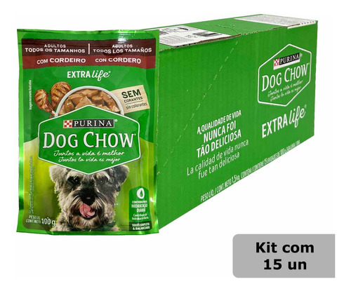 Kit 15 Sachê Dog Chow Cães Adultos Cordeiro100g Caixa