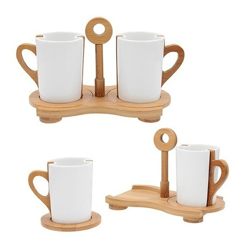 Imagen 3 de 9 de Juego De Dos Tazas De Cerámica Con Base De Madera