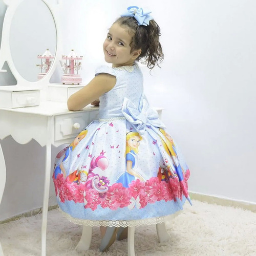 Vestido Alice No País Das Maravilhas +saia Filó +laço Cabelo