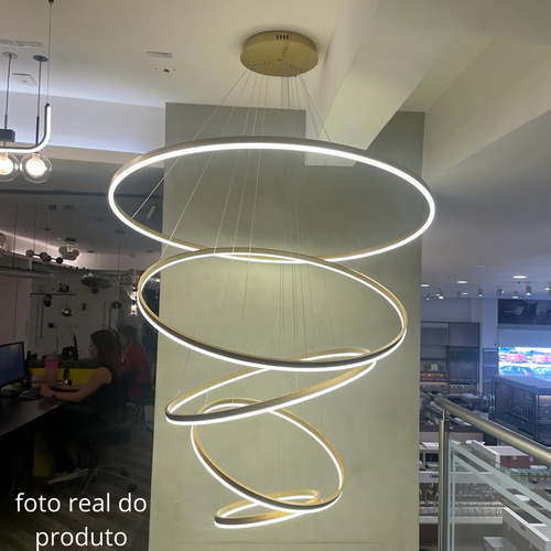 Gmh Luminária Lustre Pendente Led Teto Alto Pé Direito Duplo Hall Recepção 5 Aneis Arcos Argolas 120/100/80/60/40cm Dourado Gold Ouro Moderno 4 Metros Cabo Regulável 243w 6560 Lúmens 127/220V