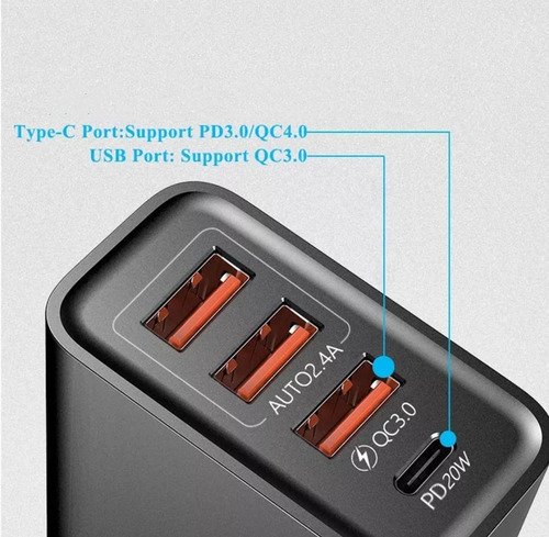 Imagen 2 de 3 de Cargador Rápido 30 W / 5 A / 3 Puertos Usb / 1 Puerto C