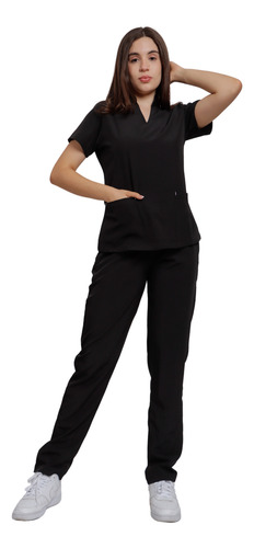 Scrub Dama Conjunto Quirúrgico Filipina Mao Corte Recto Negro Lisa L