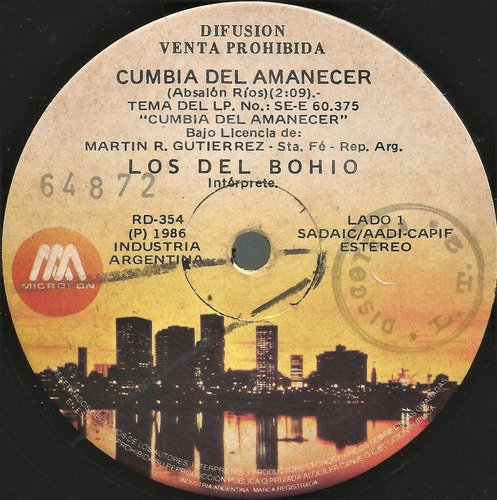 Los Del Bohio / Cumbia Del Amanecer - Simple Vinilo Promo