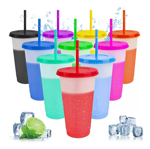 Vasos Magicos Cambian De Color Con Tapa Y Popote 710ml 10pzs
