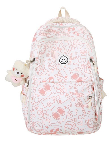 Linda Mochila Para Estudiantes De Gran Capacidad Estilo Graffiti Sophia 40L Blanco y Rosa