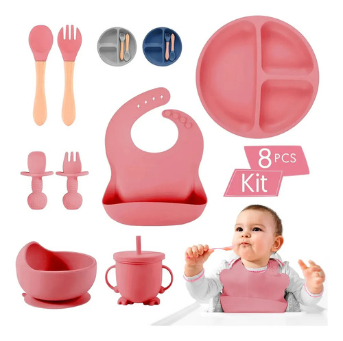 Set De Cubiertos Para Bebés Silicona Plato Antideslizante Color Rosa Liso Personaje Ninguno