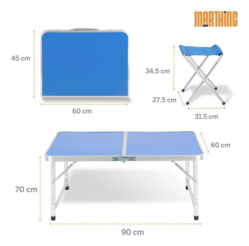 Mesa Plegable Portafolio 90cm Con 2 Sillas Portátiles Jardin Azul